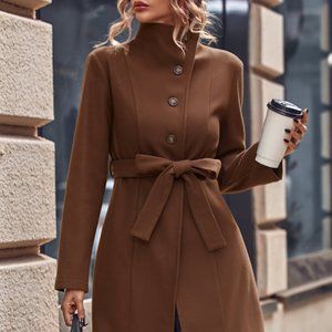 Brand new Solid Single Breasted Belted Overcoat Coffee Brown